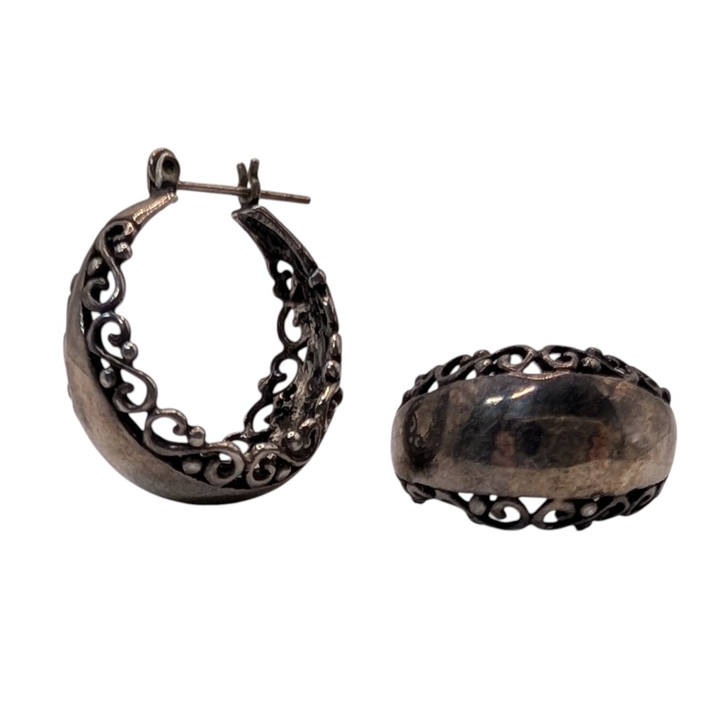 Vintage Sterling Silver Pierced Earrings Filigree Hoop‎ Scroll Design Post Clamp